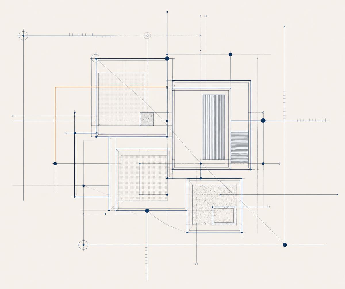 Abstract architectural diagram of the Exordium production system: linked modules, measurement rules and nodes